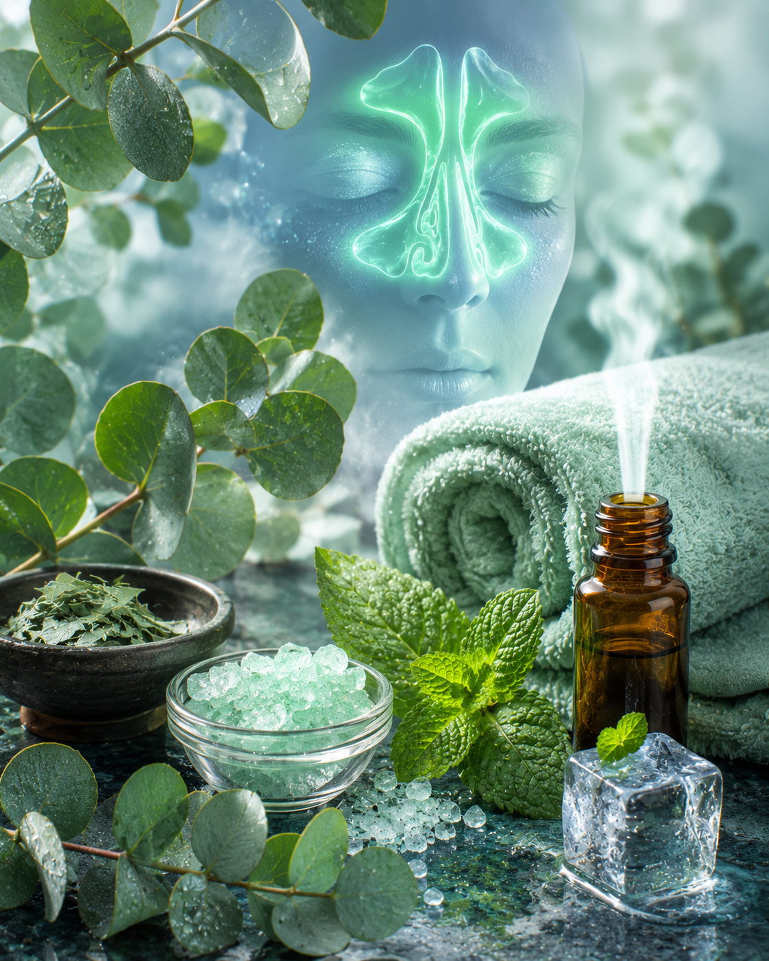 A person with closed eyes surrounded by greenery, crystals, and an essential oil bottle.