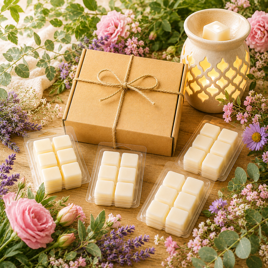 Packaged wax melts with a decorative box, lit wax warmer, and flowers on a wooden surface.