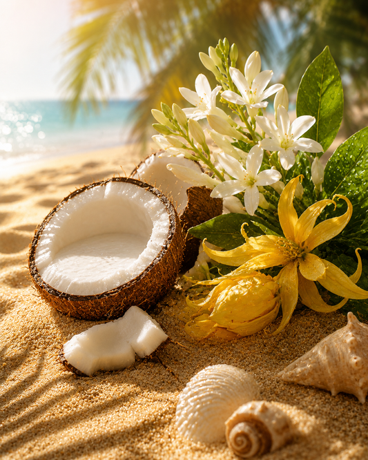 Coconut, flowers, and shells on a sandy beach with palm trees in the background