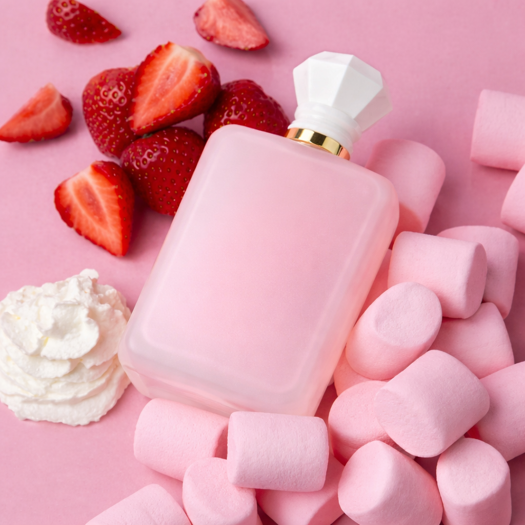 Pink perfume bottle with strawberries, marshmallows, and whipped cream on a pink background