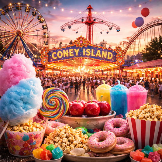 Festive amusement park scene with 'Coney Island' sign, cotton candy, lollipops, and funnel cakes.