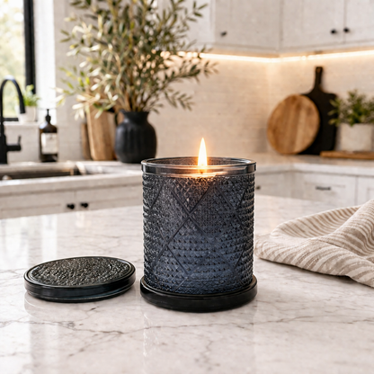 Candle in a textured black holder on a kitchen counter with a plant and kitchen items in the background.