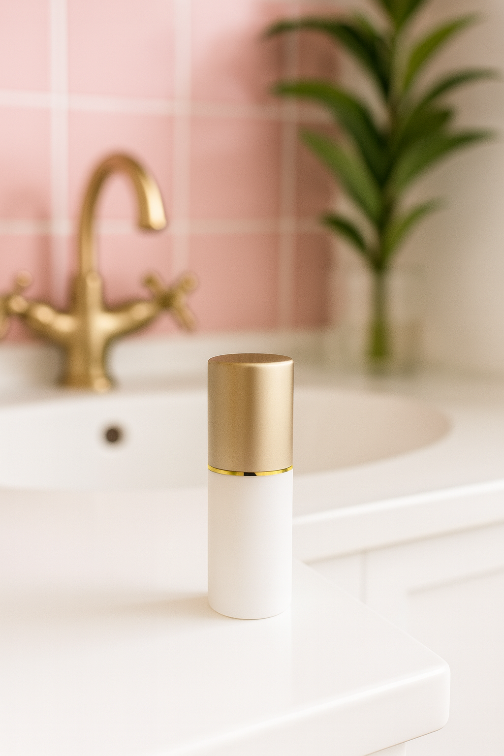 Gold and white bottle on a bathroom counter with pink tiles and a plant in the background