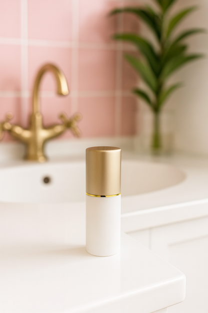 Gold and white bottle on a bathroom counter with pink tiles and a plant in the background