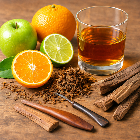 Glass of amber liquid with fruits, spices, and tobacco on a wooden surface