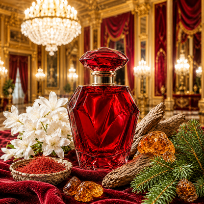 Red perfume bottle with floral and decorative elements in an opulent room.