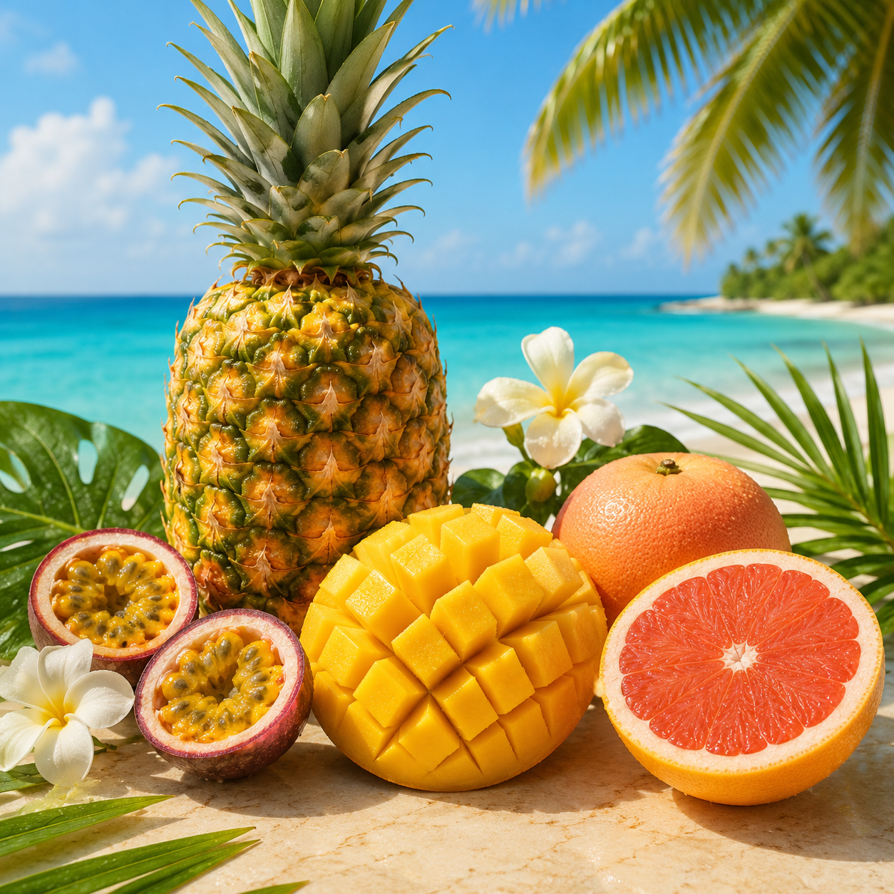 Tropical fruits including a pineapple, mango, grapefruit, and passion fruit with a beach in the background.