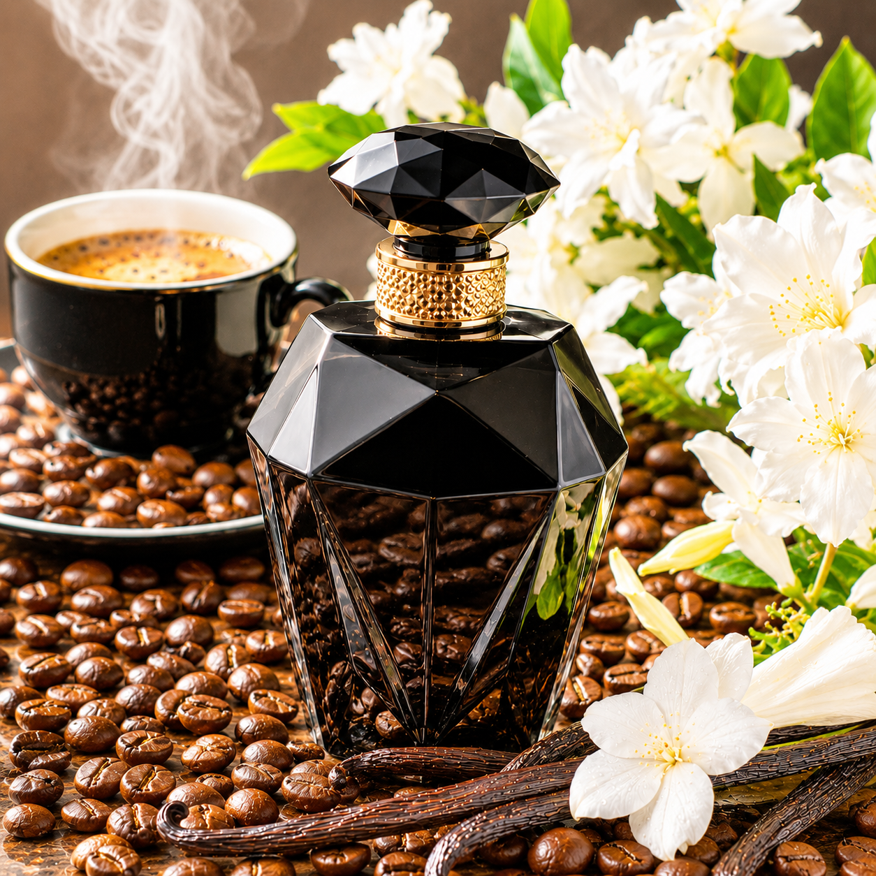 Black diamond-shaped perfume bottle on coffee beans with a cup of coffee and flowers in the background