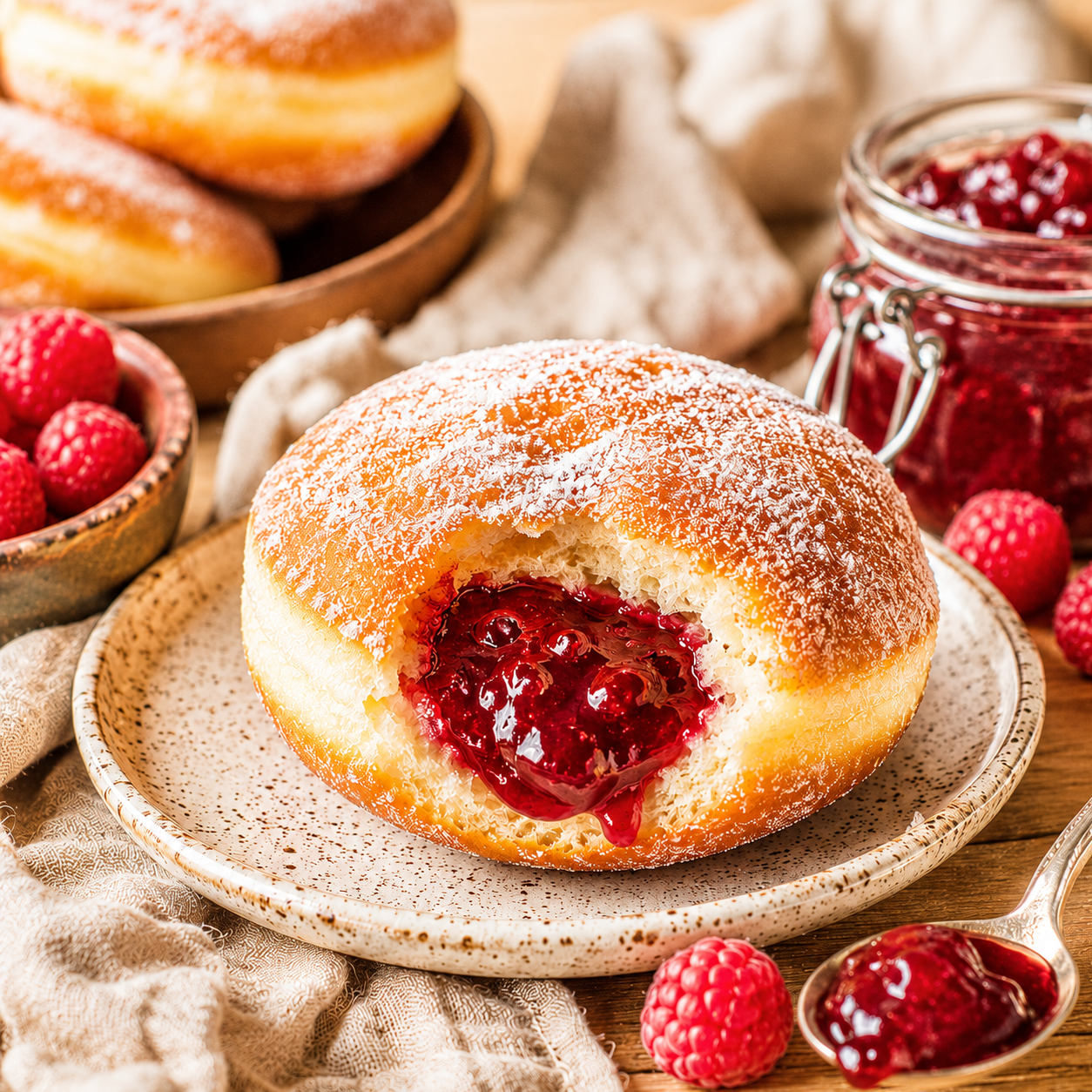 Donut with raspberry filling on a plate with berries and jam in the background