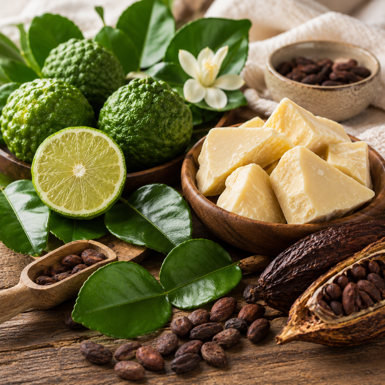 Wooden bowl with shea butter, lime, cocoa beans, and leaves on a wooden surface.