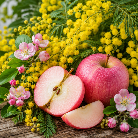 Apples and flowers on a wooden surface with yellow flowers in the background