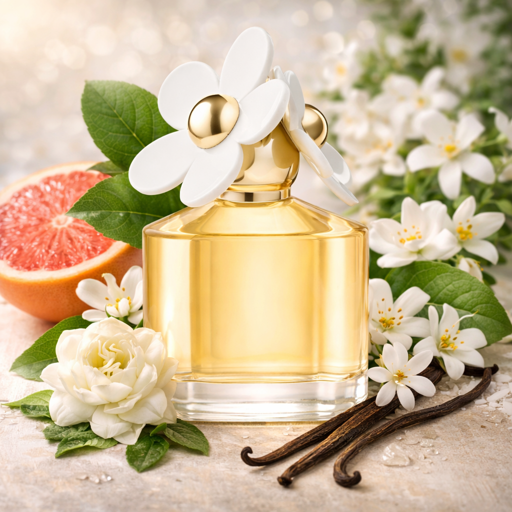 Perfume bottle with flowers, vanilla beans, and a grapefruit on a light background