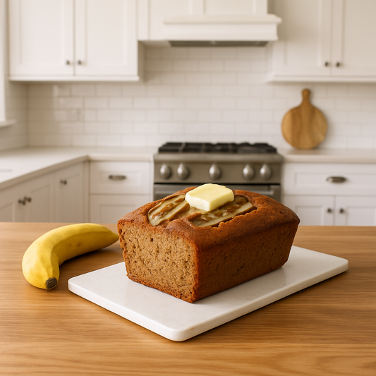 Loaf of banana bread with a pat of butter on a kitchen counter