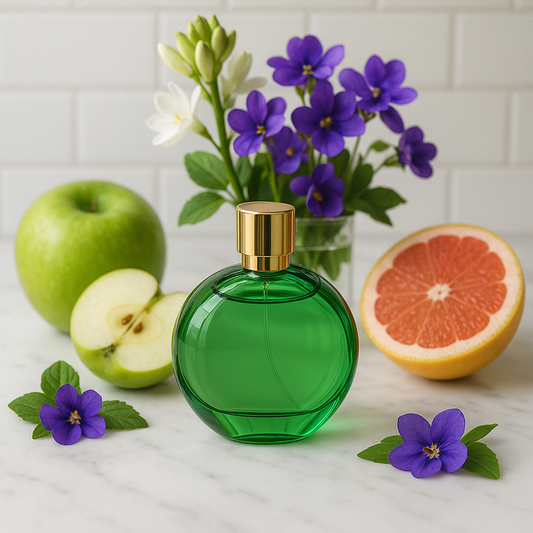 Green perfume bottle with gold cap on a white surface with fruits and flowers