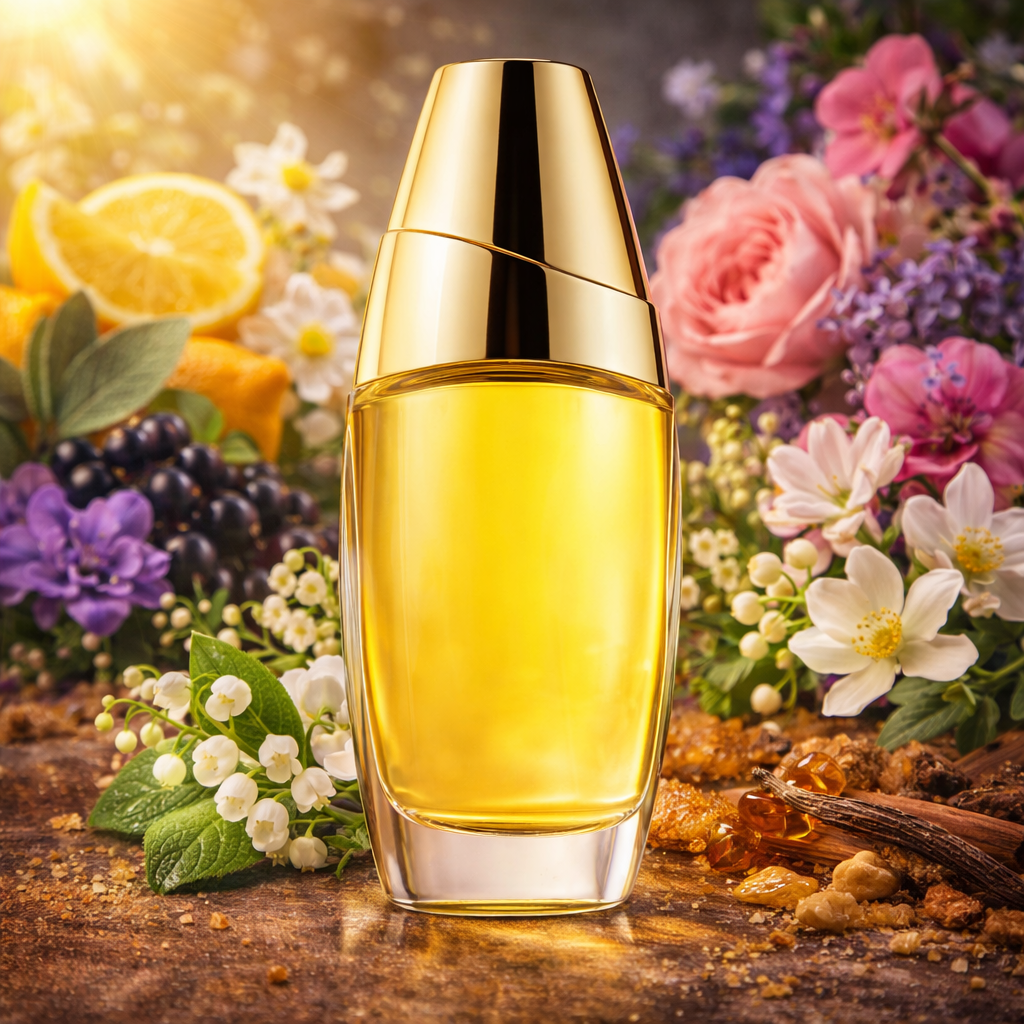 Gold and clear perfume bottle with flowers and fruits on a wooden surface