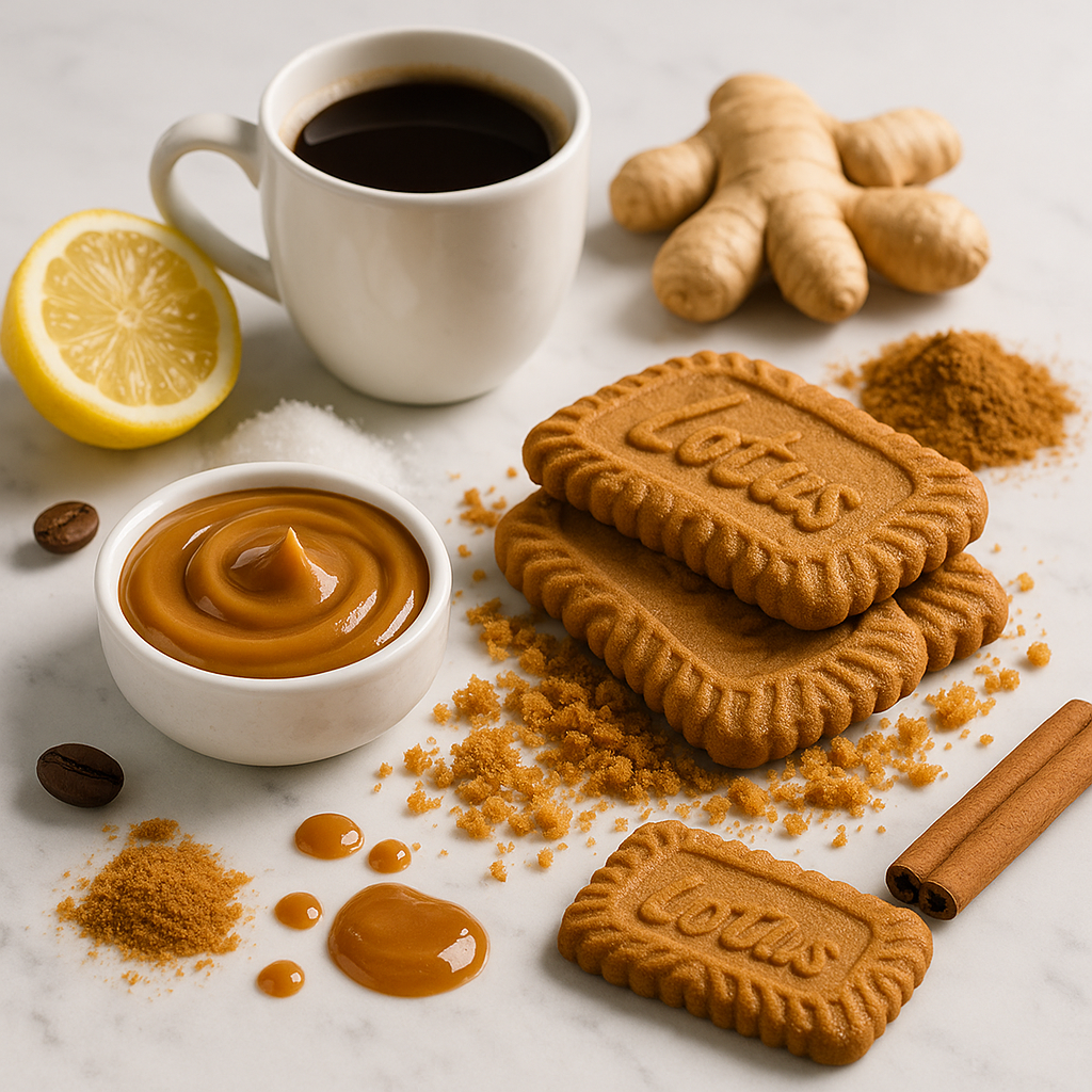 Biscoff cookies with a cup of coffee, lemon, and spices on a marble surface