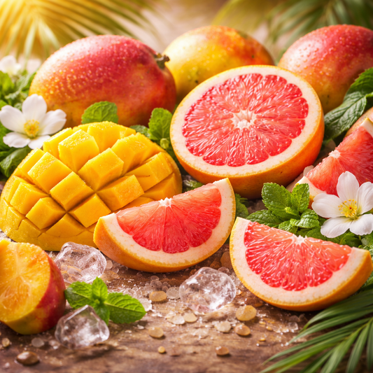 Assorted tropical fruits including mangoes, peaches, and grapefruits on a wooden surface with ice cubes.