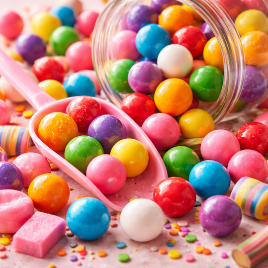 Colorful gumballs in a jar with a pink spoon on a light background