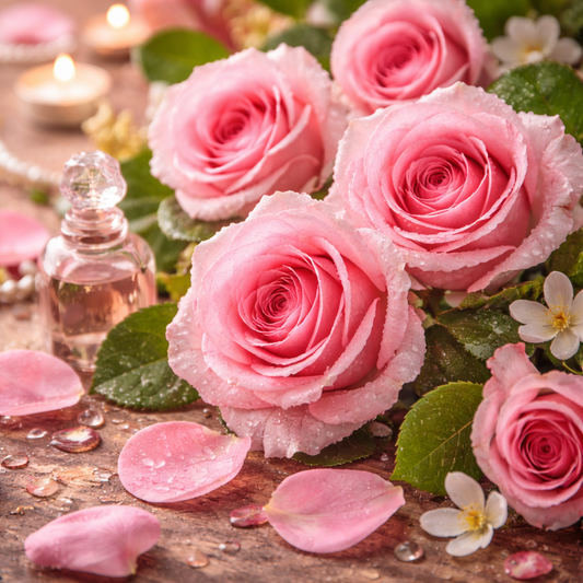 Pink roses with water droplets on a wooden surface, surrounded by small flowers and a glass bottle.