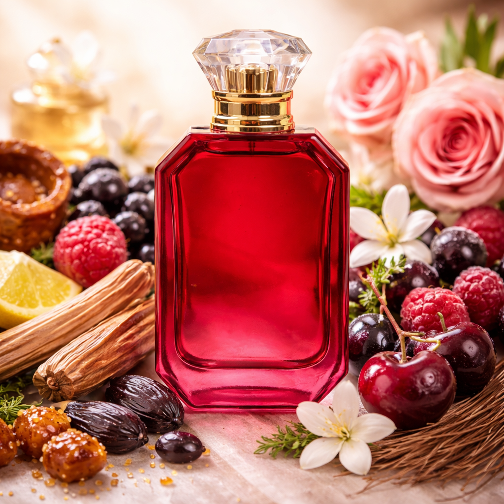 Red perfume bottle with floral and fruit elements on a decorative background