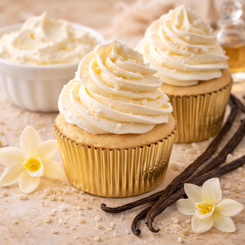 Vanilla cupcakes with cream cheese frosting on a surface with vanilla beans and flowers.