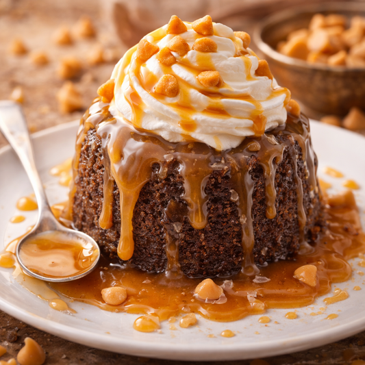Chocolate cake with caramel sauce and whipped cream on a plate