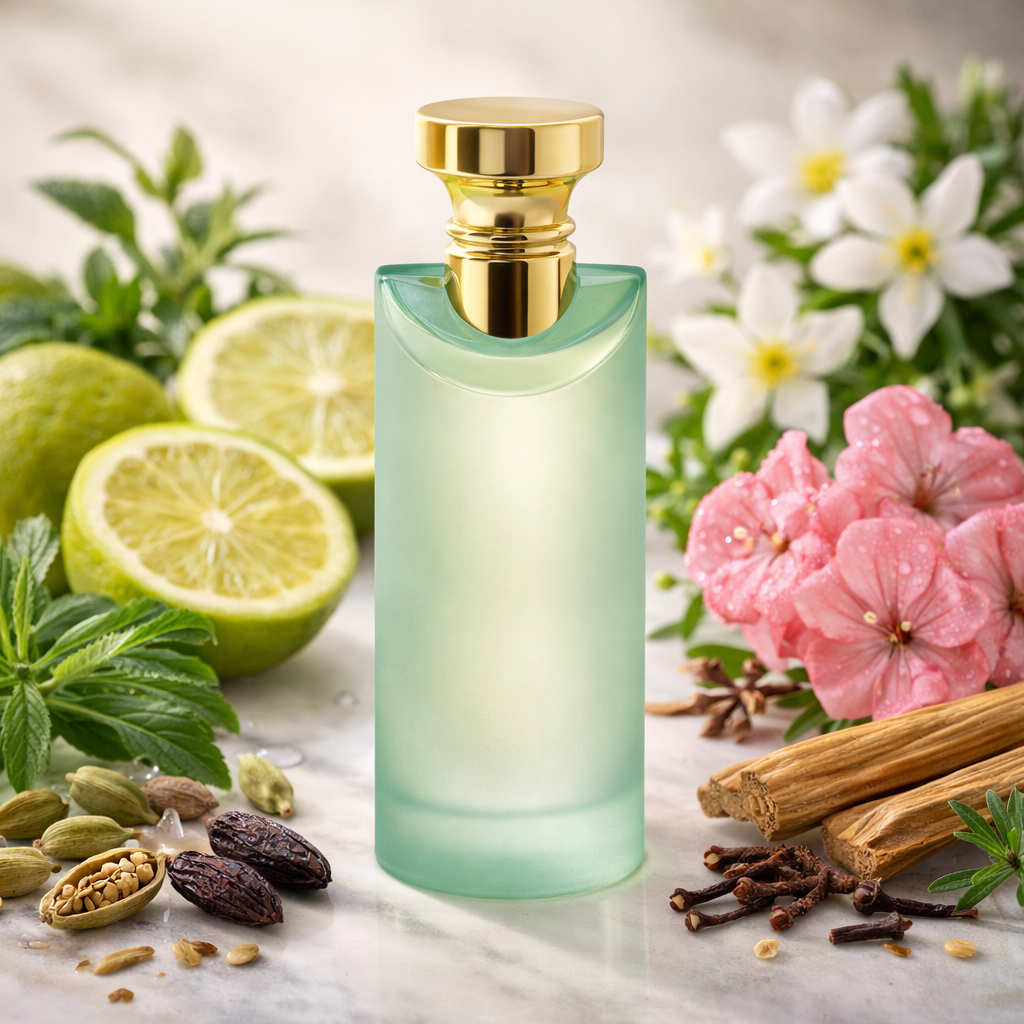 Perfume bottle with gold cap on a surface with limes, flowers, and spices