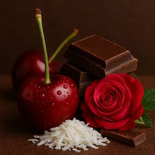 Cherries, chocolate bars, white rice, and a red rose on a brown background