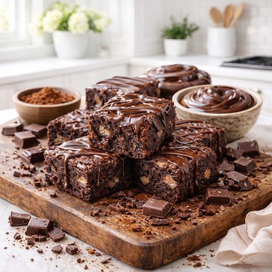 Brownies with chocolate drizzle on a wooden cutting board in a kitchen setting.