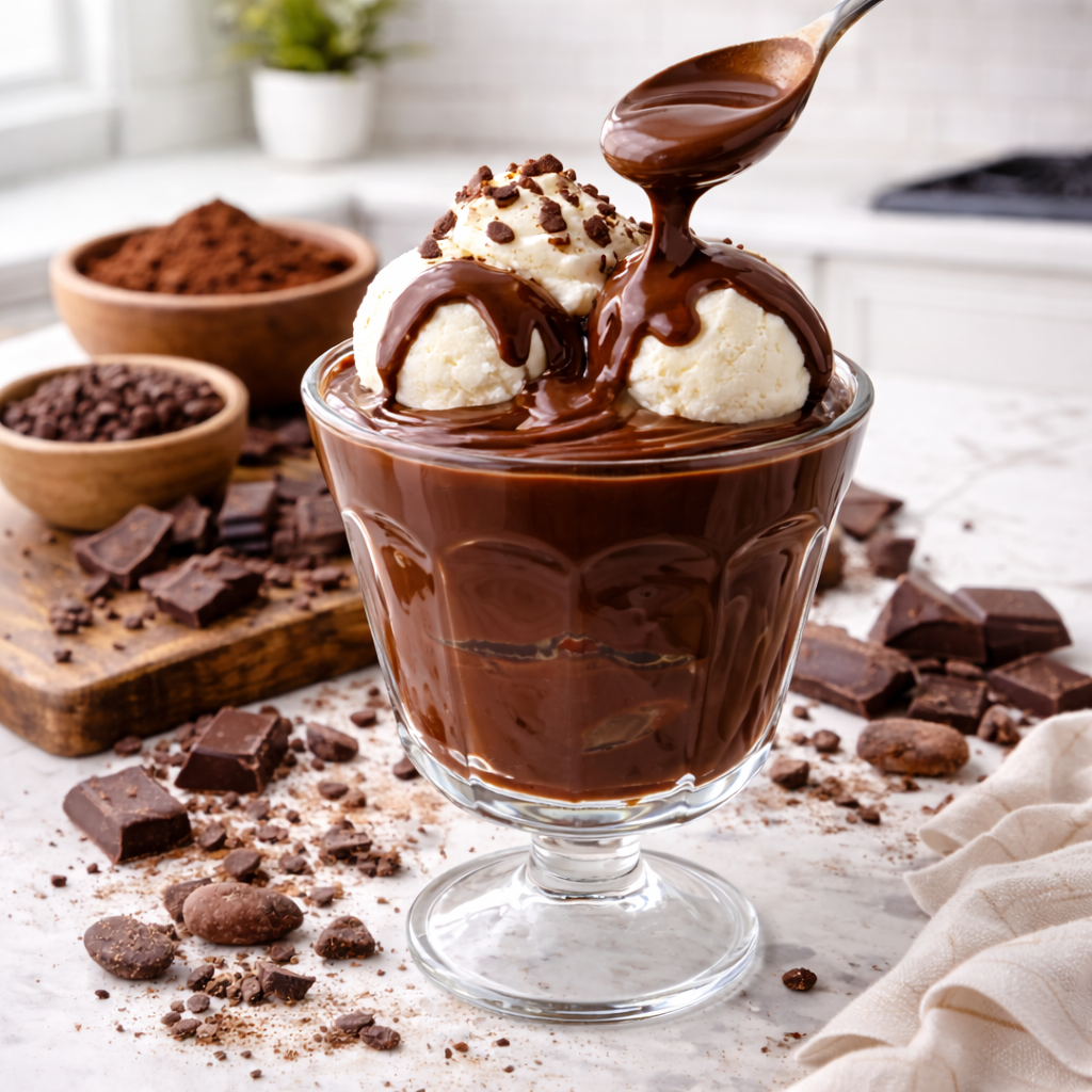 Glass of chocolate pudding with ice cream, surrounded by chocolate pieces and a wooden board.