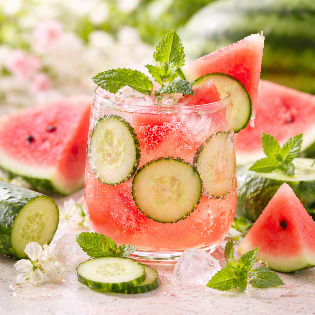 Glass of watermelon and cucumber juice with slices of watermelon and cucumbers on a decorative surface.