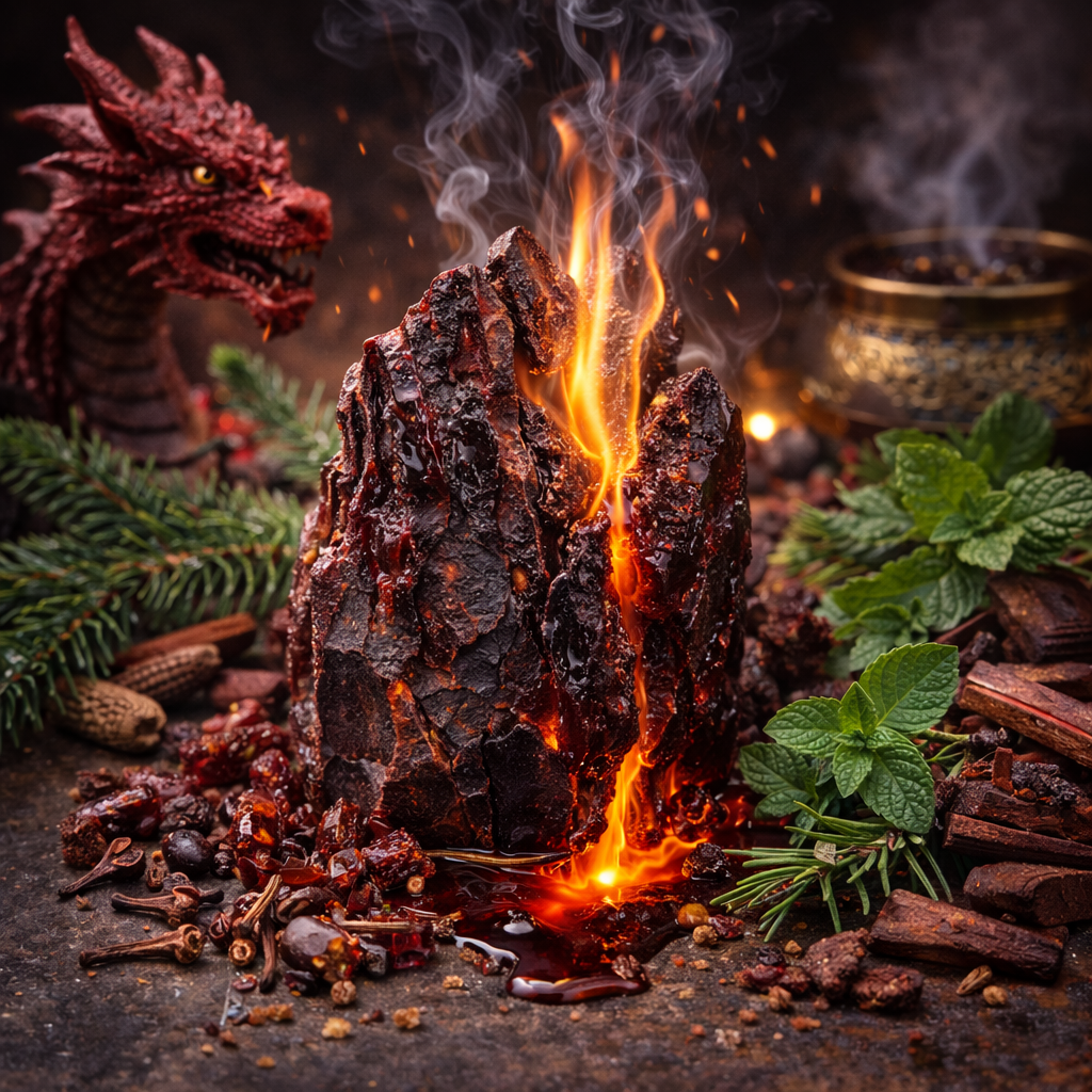 Fire pit with flames, dragon figurine, and herbs on a dark background
