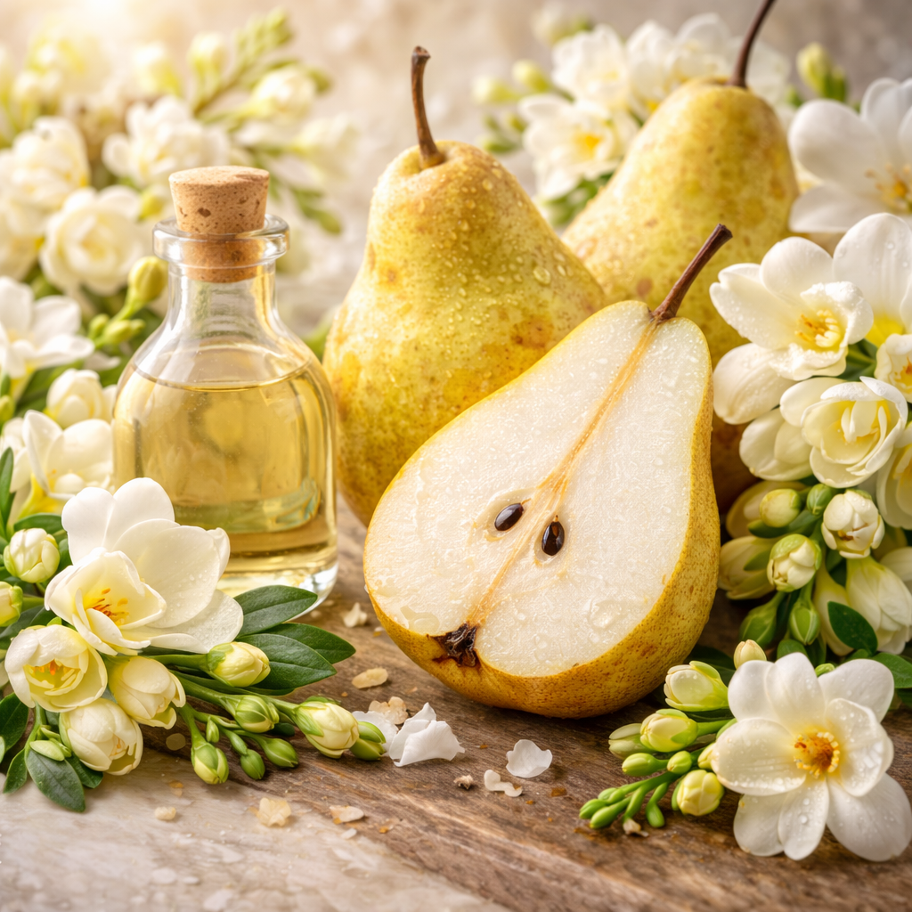 Pears and a bottle of oil on a wooden surface with white flowers.