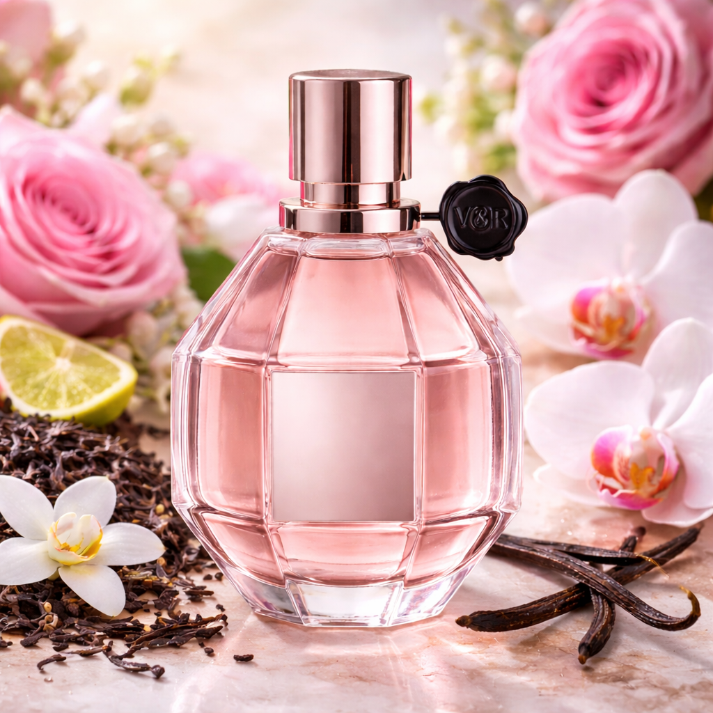Pink perfume bottle with flowers and vanilla beans on a light background