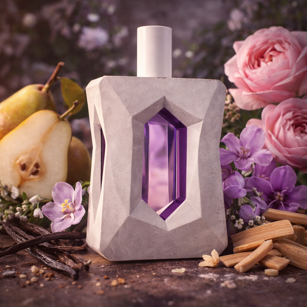 Perfume bottle with geometric design surrounded by flowers, pears, and vanilla beans on a dark surface.