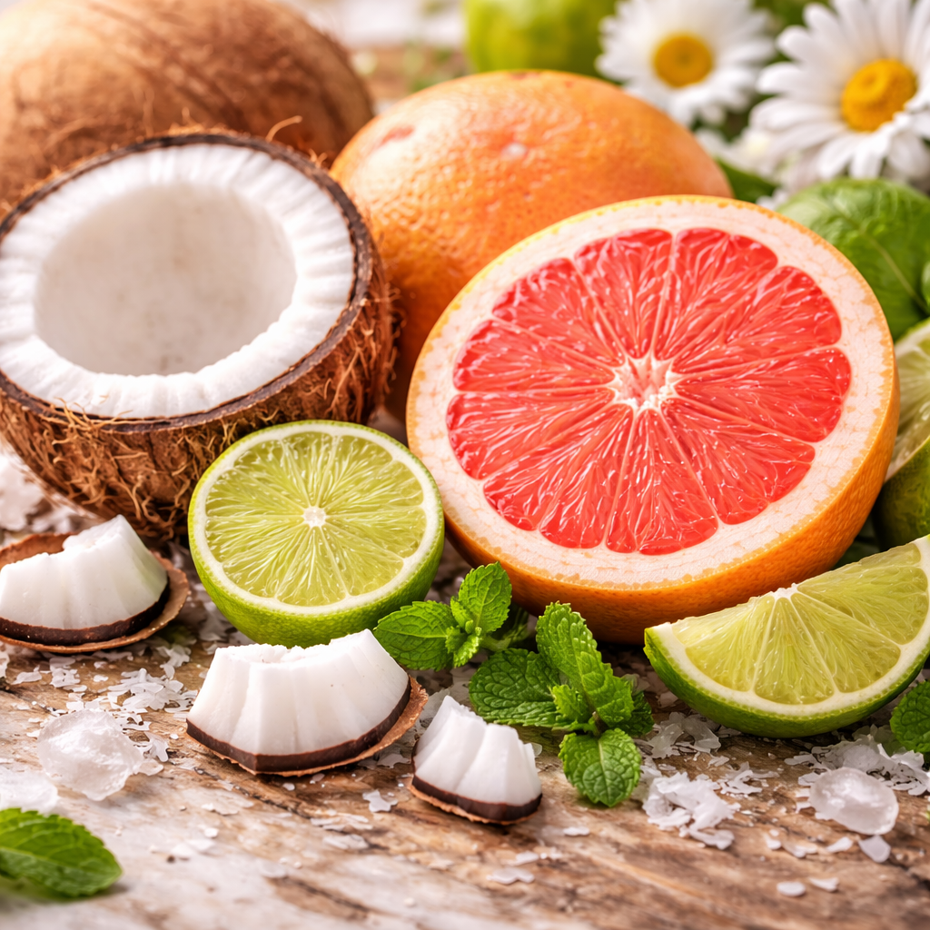 Citrus fruits including a coconut, orange, lime, and grapefruit on a wooden surface with flowers in the background.