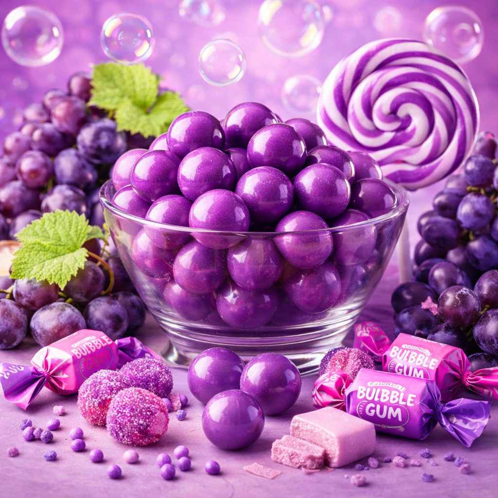 Purple candies and lollipops with bubbles on a purple background