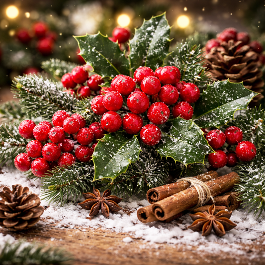 Decorative arrangement of holly berries, pine cones, and cinnamon sticks on a wooden surface with a festive background.