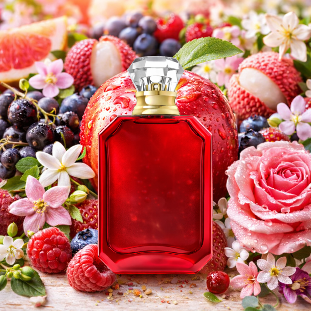 Red perfume bottle surrounded by fruits and flowers