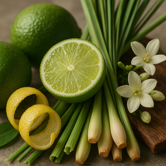 Lime, lemon, green onions, and flowers on a wooden surface