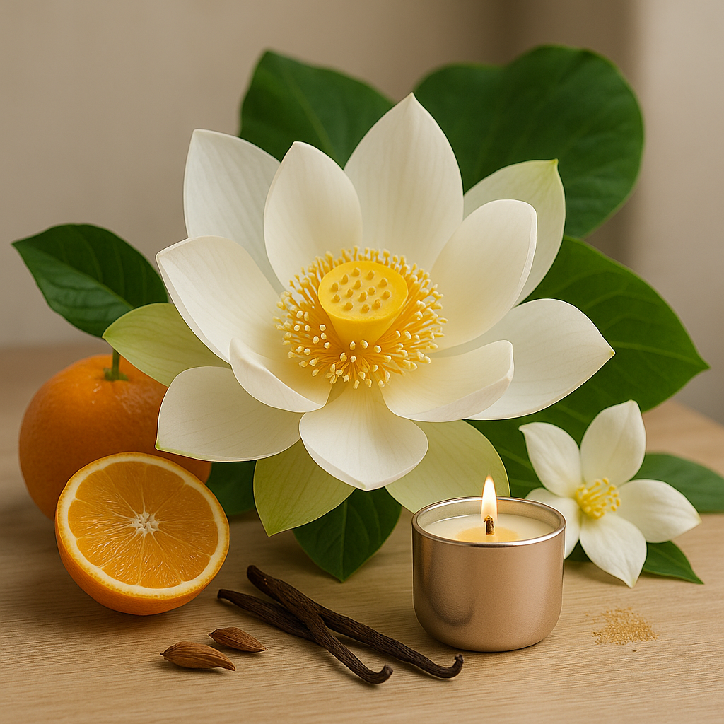 White flower with a lit candle, oranges, and vanilla beans on a wooden surface.