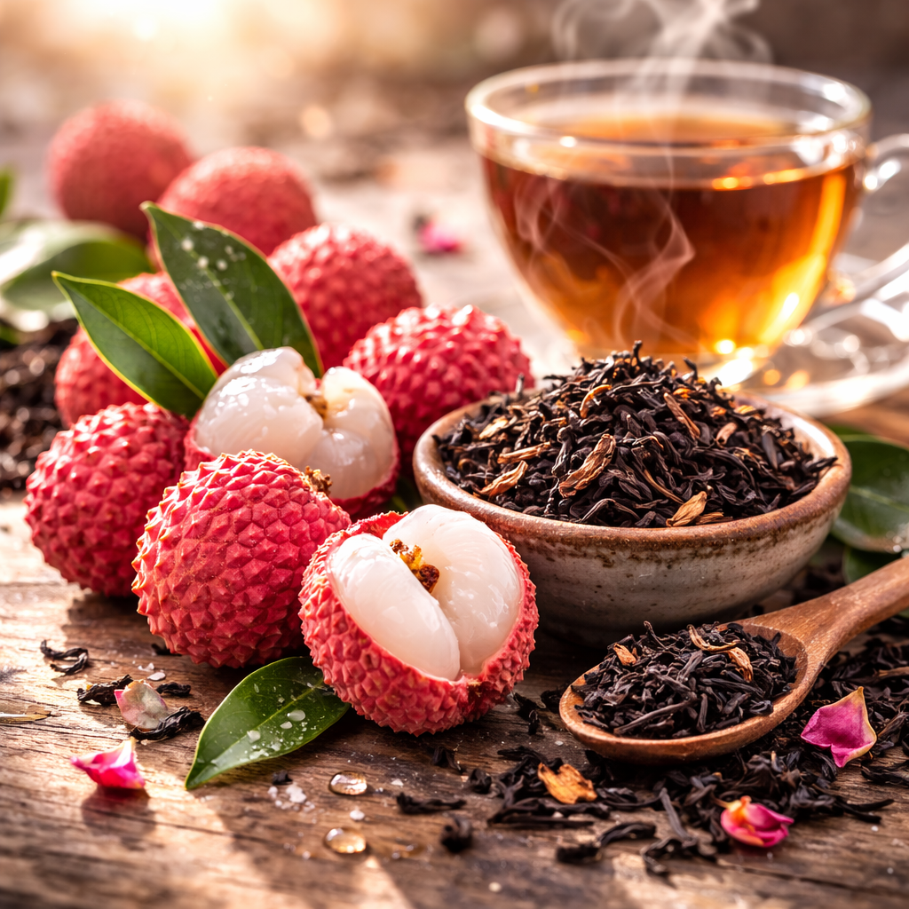 Lychees with a cup of tea and a bowl of black tea leaves on a wooden surface.