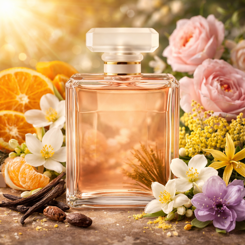 Perfume bottle with floral and fruit elements on a wooden surface