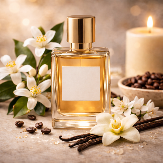 Perfume bottle with vanilla beans, coffee beans, and flowers on a wooden surface