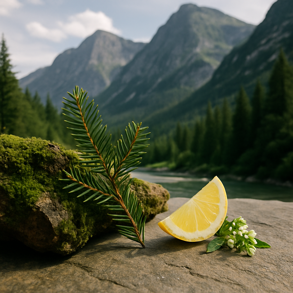 Lemon wedge with a sprig of pine on a rock in front of a mountain landscape