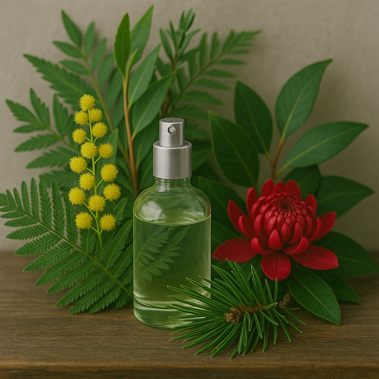 A bottle of fragrance with a spray nozzle, surrounded by an arrangement of green leaves and red flowers.