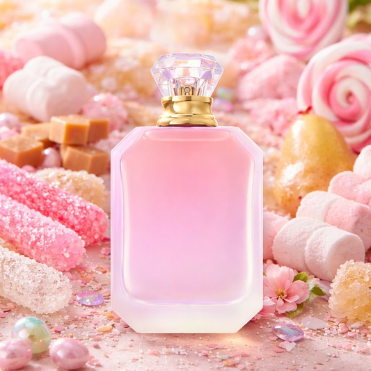 Pink perfume bottle with a gold cap on a colorful candy background
