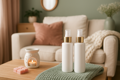 Two white bottles with gold caps on a table in a cozy living room.