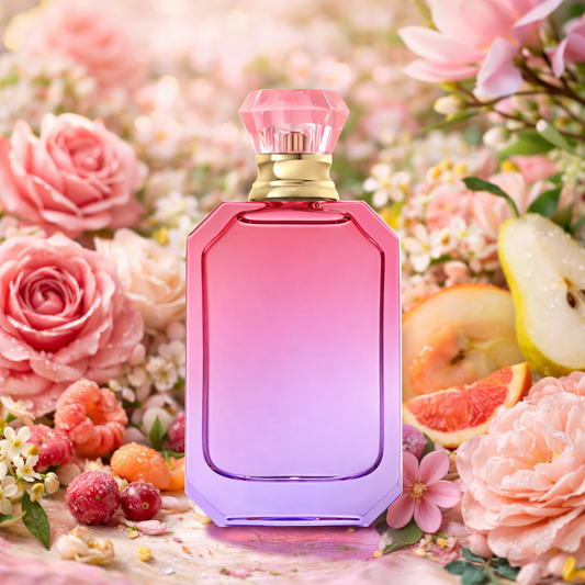 Pink and purple perfume bottle with floral and fruit background