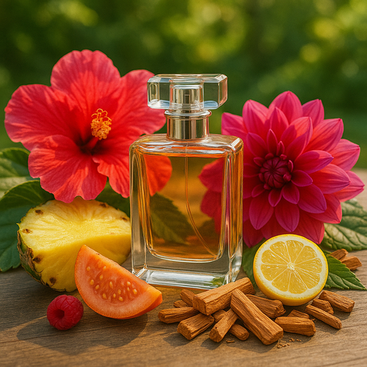 Perfume bottle with pineapple, lemon, and flowers on a wooden surface